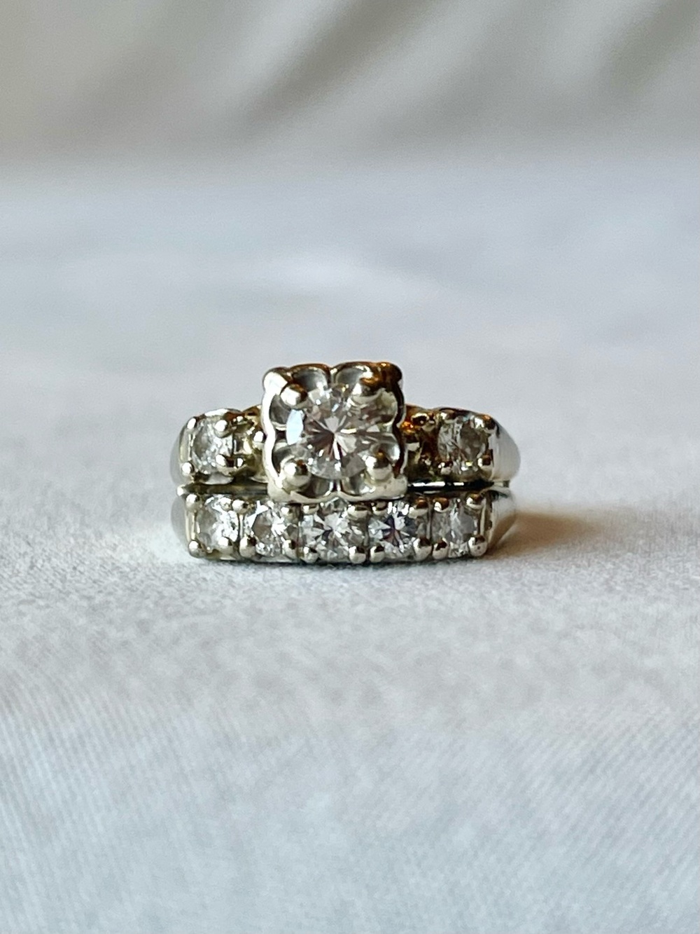 Vintage 14K White Gold Diamond Bridal Ring Soldered Set Sz 5.5